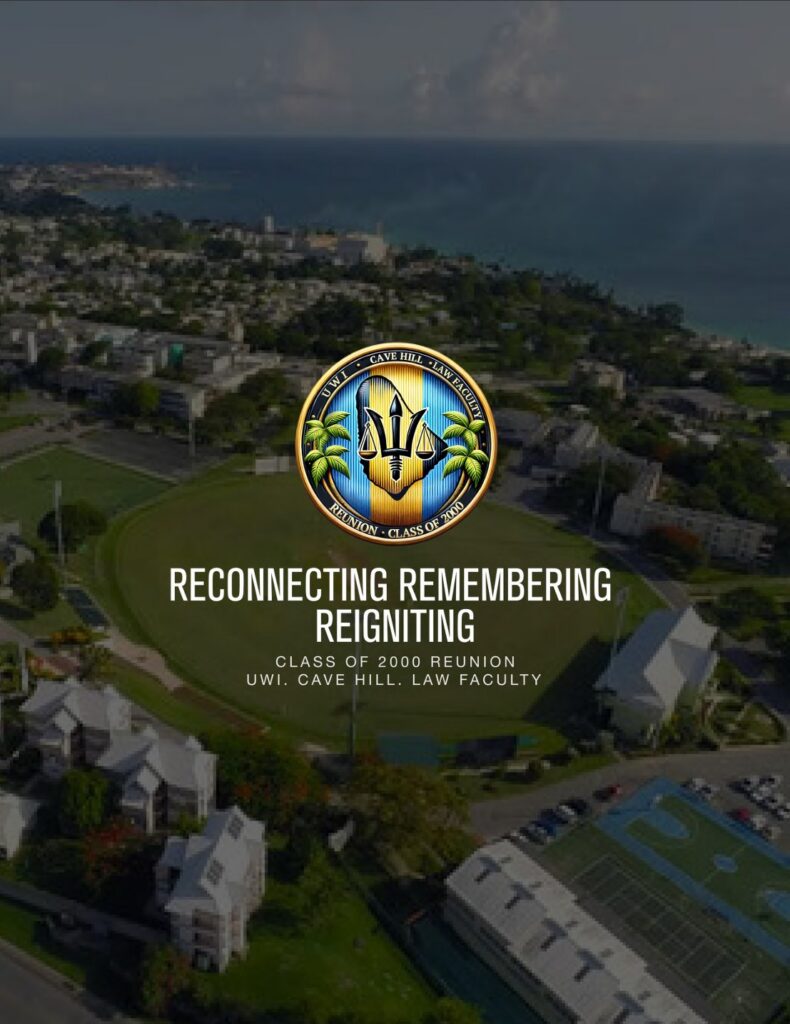 Cover image for the University of the West Indies (UWI) Cave Hill Campus Class of 2000 Law Faculty Reunion Magazine, published by Governor Communications. Features an aerial view of the coastal campus with a circular emblem containing a trident, palm trees, and a scroll—symbols of Caribbean academic heritage. Text reads “Reconnecting, Remembering, Reigniting,” highlighting the magazine’s theme of alumni engagement, cultural pride, and institutional legacy.