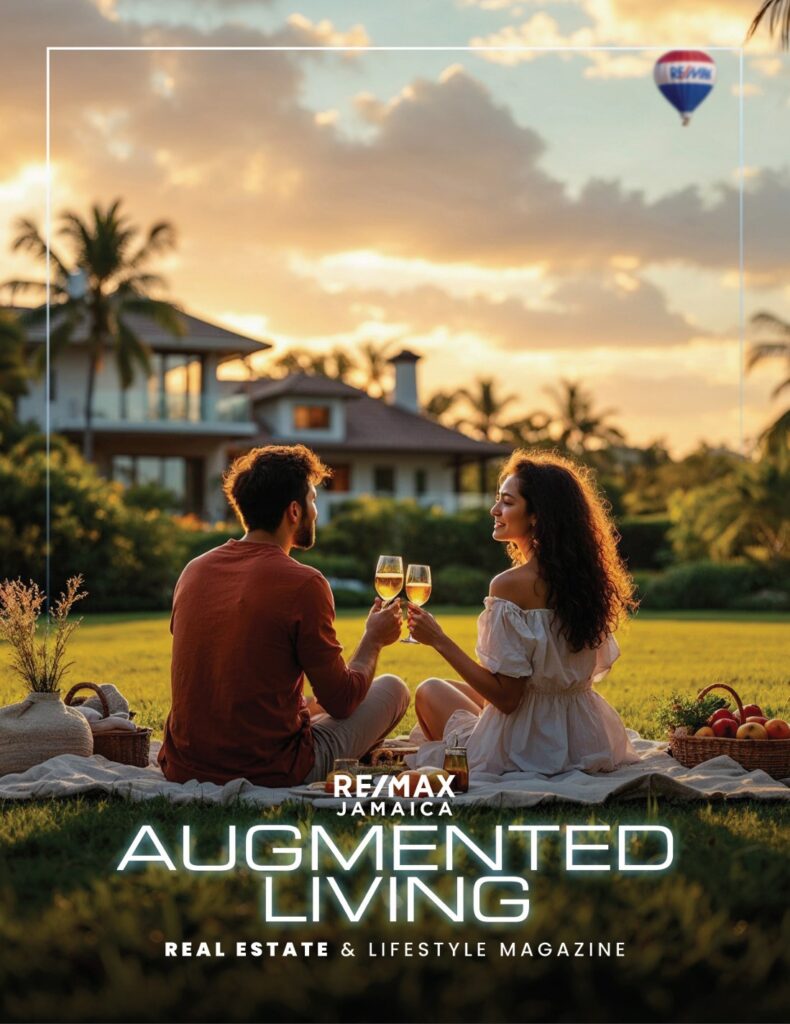 Cover of RE/MAX Jamaica’s Augmented Living magazine, featuring a sunset picnic scene with a couple toasting wine glasses on a grassy lawn. A luxury home with palm trees and a RE/MAX hot air balloon appear in the background. The image reflects Governor Communications’ partnership with global real estate leaders, promoting lifestyle branding and international connectivity from Jamaica to the world.